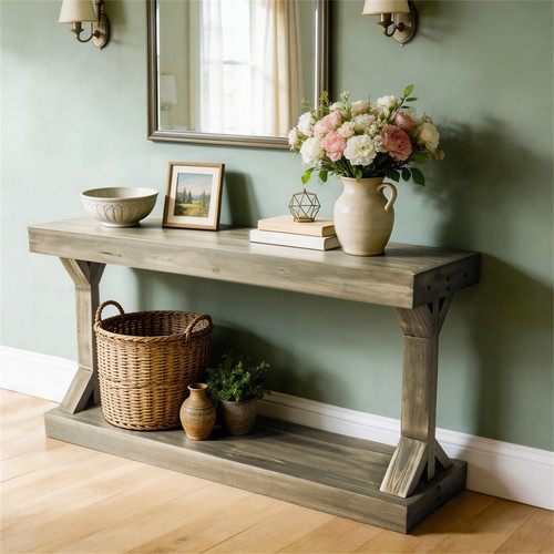 Taupe console table solid wood - console,